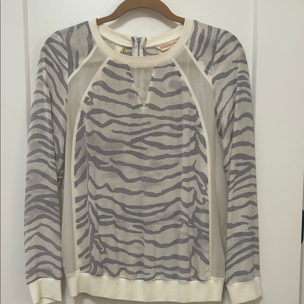 Rebecca Taylor 100% Silk Cream and Gray Zebra Print Blouse